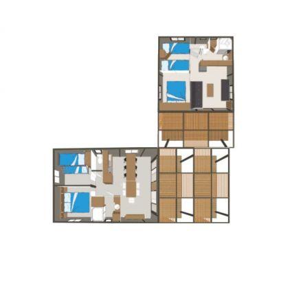 ecolodge tribu avec 4 chambres, espace cuisine, espace salon, deux salles de bain et grande terrasse couverte